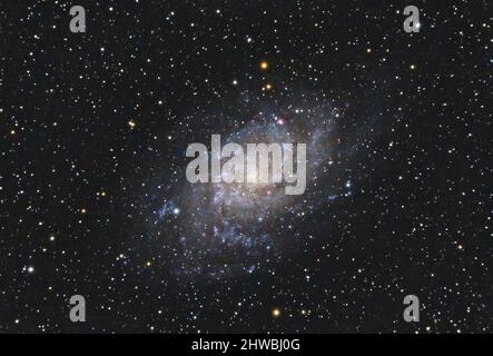 The Triangulum Galaxy M33  in the constellation Triangulum with Nebula ,Open Cluster,Globular Cluster and stars, as seen from Tuscany, Italy with a re Stock Photo