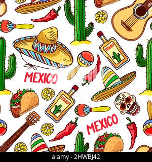 cute seamless background of a different traditional Mexican items. hand-drawn illustration Stock Vector