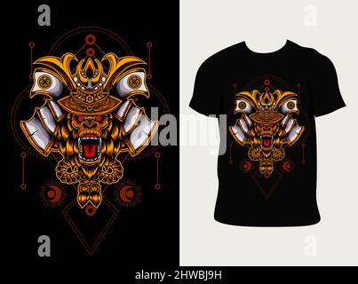 illustration vector gorilla samurai head with t shirt design Stock Vector