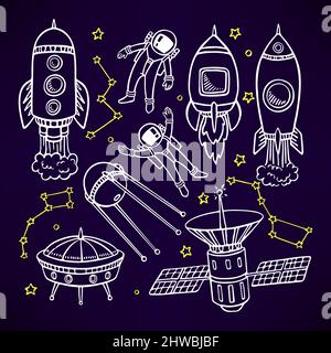 cosmic set with cute rockets and astronauts. hand-drawn illustration Stock Vector