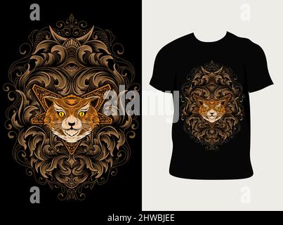 illustration vector cat head with vintage ornament style Stock Vector