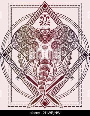 illustration elephant head mandala ornament style Stock Vector
