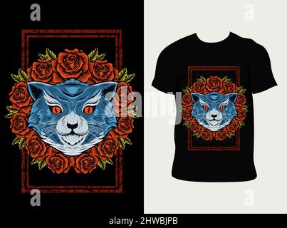 illustration vector cat head with vintage rose flower Stock Vector