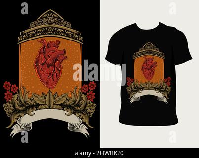 illustration vector heart with vintage engraving ornament Stock Vector