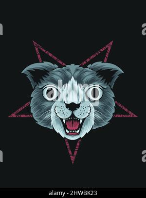 illustration vector cat head with pentagram symbol Stock Vector