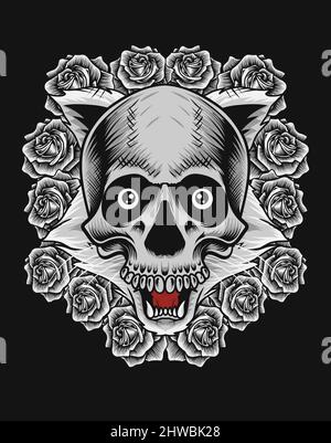 illustration vector cat skull head with rose flower Stock Vector