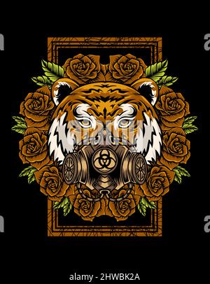illustration tiger mask with rose flower Stock Vector