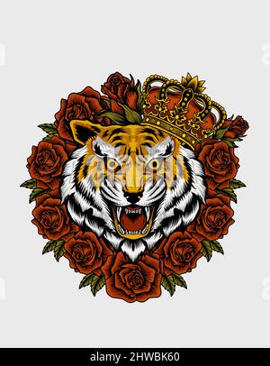 illustration vector tiger king with rose flower Stock Vector