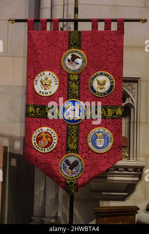 National Cathedral, Washington, DC, USA. The War Memorial Chapel. Banner Honoring the Military Services. Stock Photo