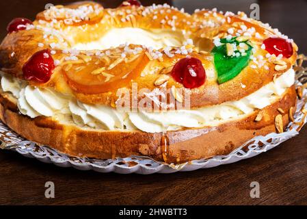 Roscón de Reyes or Tortell de reis, typical cake of the Magi