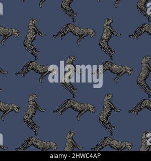 Leopard seamless pattern. Vintage wildlife animals background. Repeated texture in hand drawn style for fabric, wrapping paper, wallpaper, tissue. Vec Stock Vector
