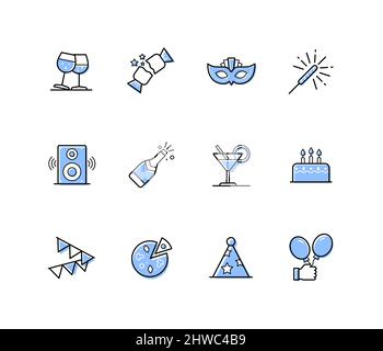 Fun party - modern line design style icons set with editable stroke. Birthday, anniversary, fun holiday. Champagne, cracker, carnival mask, cake with Stock Vector