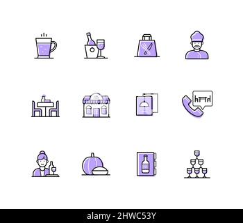 Evening at the restaurant - modern line design style icons set with editable stroke. Dinner in a nice place. Hot coffee, sparkling champagne, takeaway Stock Vector