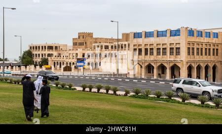 Doha, Qatar - January 15th 2022: Qatari building architecture in Falcon Souq, Doha, Qatar Stock Photo