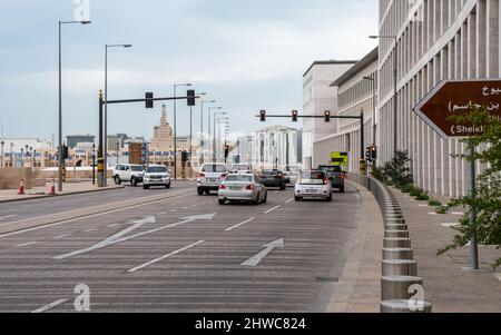 Doha, Qatar - January 15th 2022: Traffic on Al Rayyan Road in central Doha near Souq Waqif, Qatar Stock Photo