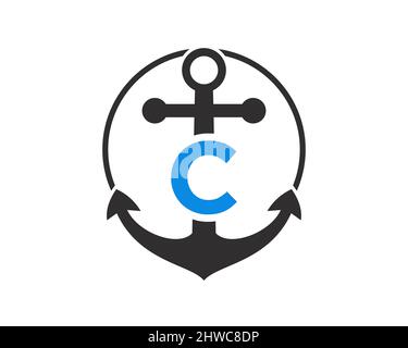 Anchor logo with C letter Concept. Initial C letter with Anchor. Marine, Sailing Boat Logo Stock Vector