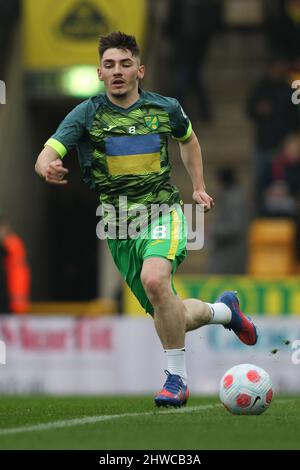 Norwich, UK. 05th Mar, 2022. Billy Gilmour of Norwich City warms up during the Premier League match between Norwich City and Brentford at Carrow Road, Norwich, England on 5 March 2022. Photo by Ken Sparks. Editorial use only, license required for commercial use. No use in betting, games or a single club/league/player publications. Credit: UK Sports Pics Ltd/Alamy Live News Stock Photo