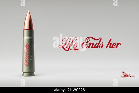 Kiev, Ukraine. March 4 2022. Life Ends Here slogan. Due to the situation in Ukraine, society calls for Coca-Cola boycott. Coca-cola still selling soda on rusia territory supporting putin In war. Stock Photo