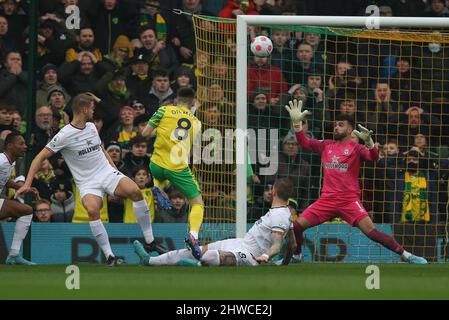 Norwich, UK. 05th Mar, 2022. Billy Gilmour of Norwich City has a shot over the bar during the Premier League match between Norwich City and Brentford at Carrow Road, Norwich, England on 5 March 2022. Photo by Ken Sparks. Editorial use only, license required for commercial use. No use in betting, games or a single club/league/player publications. Credit: UK Sports Pics Ltd/Alamy Live News Stock Photo