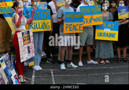 Bangkok, Thailand. 05th Mar, 2022. Protesters hold placards expressing their opinion during the demonstration against war at the Lumphini park in Bangkok. Credit: SOPA Images Limited/Alamy Live News Stock Photo