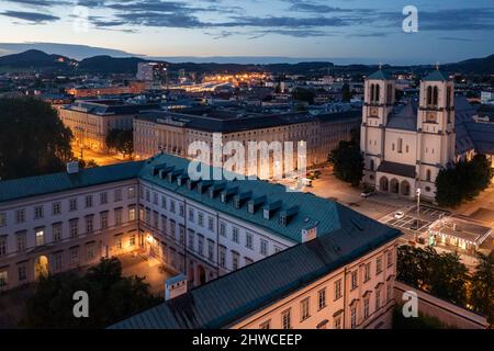 Classic view of famous Mirabell Gardens with historic Hohensalzburg Fortress in the background in the evening in Salzburg, Austria. Stock Photo