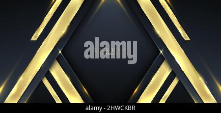 Banner web elegant 3D abstract blue stripes shapes with lighting shiny golden diagonal lines on dark blue background template luxury style. Vector ill Stock Vector