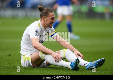Leicester, UK. 05th Mar, 2022. Luke Ayling #2 of Leeds United smiles after a challenge in Leicester, United Kingdom on 3/5/2022. (Photo by Simon Whitehead/News Images/Sipa USA) Credit: Sipa USA/Alamy Live News Stock Photo