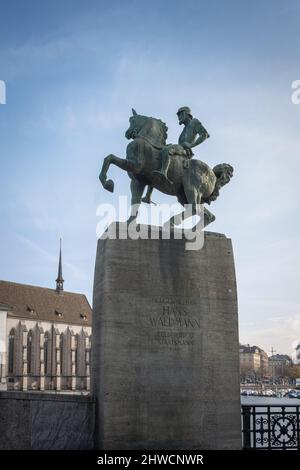 Hans Waldmann Statue at Munsterbrucke sculpted by Hermann Haller in 1937 - Zurich, Switzerland Stock Photo
