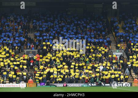 Norwich, UK. 05th Mar, 2022. Supporters show their support for Ukraine during the Premier League match between Norwich City and Brentford at Carrow Road, Norwich, England on 5 March 2022. Photo by Ken Sparks. Editorial use only, license required for commercial use. No use in betting, games or a single club/league/player publications. Credit: UK Sports Pics Ltd/Alamy Live News Stock Photo