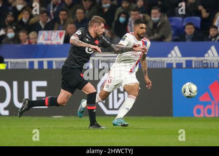 EMERSON of Lyon and XEKA of Lille during the French championship Ligue 1 football match between Olympique Lyonnais (Lyon) and LOSC Lille on February 27, 2022 at Groupama stadium in Decines-Charpieu near Lyon, France - Photo Romain Biard / Isports / DPPI Stock Photo