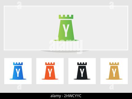 Castle Logo On Letter Y. Castle King Logo Design Initial Y Letter Concept Vector Template Stock Vector