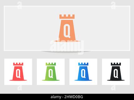 Castle Logo On Letter Q. Castle King Logo Design Initial Q Letter Concept Vector Template Stock Vector