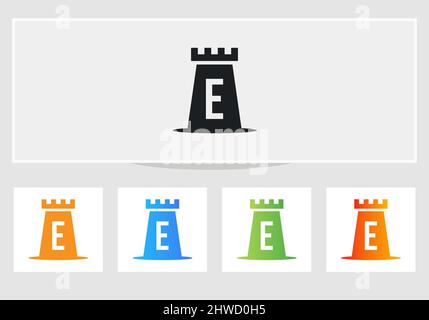 Castle Logo On Letter E. Castle King Logo Design Initial E Letter Concept Vector Template Stock Vector