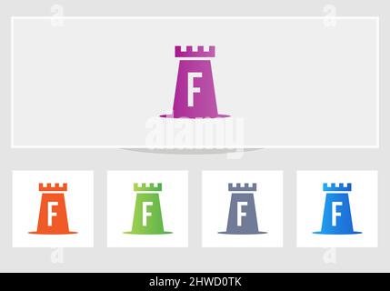 Castle Logo On Letter F. Castle King Logo Design Initial F Letter Concept Vector Template Stock Vector