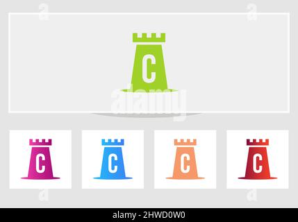 Castle Logo On Letter C. Castle King Logo Design Initial C Letter Concept Vector Template Stock Vector