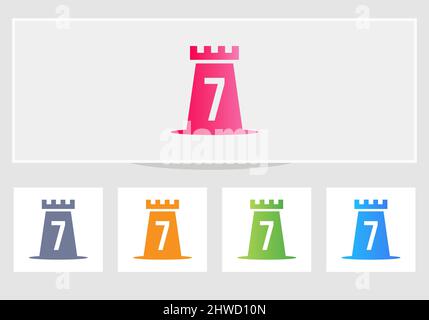 Castle Logo On Letter 7. Castle King Logo Design Initial 7 Letter Concept Vector Template Stock Vector