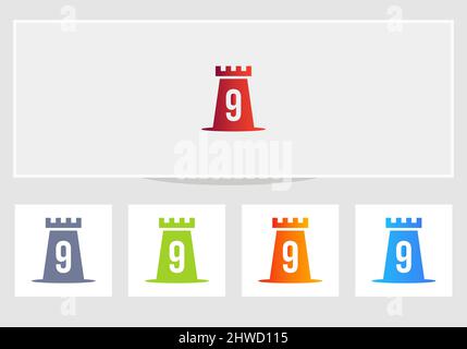 Castle Logo On Letter 9. Castle King Logo Design Initial 9 Letter Concept Vector Template Stock Vector