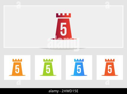 Castle Logo On Letter 5. Castle King Logo Design Initial 5 Letter Concept Vector Template Stock Vector