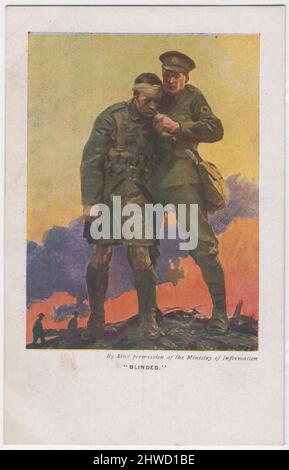 St Dunstan’s, First World War fundraising postcard: 'Blinded'. Painting of a WW1 battle scene, showing a blinded soldier being guided across the battlefield by a comrade in arms. Post-combat scenes can be seen behind them, including two men carrying a battle casualty on a stretcher. The Ministry of Information artwork was used on this postcard to raise funds for St Dunstan's, Regent's Park, London, and the National Institute for the Blind Stock Photo