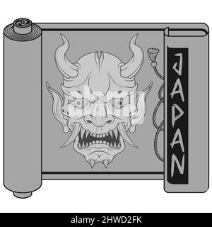 Japanese traditional scroll vector design with Demon Oni in hannya style Stock Vector
