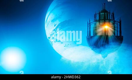 Sci-fi structures, other worlds, floating architectural figure. Exoplanets and other galaxies. Alien worlds and stars. Extraterrestrial civilizations Stock Photo