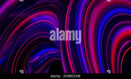 Curved colorful neon lines in moving 3D substance, seamless loop. Animation. Neon twisted beams of light flowing fast, seamless loop Stock Photo