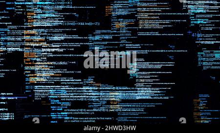 Page with source codes on black background. Animation. Overlapping source codes in cyberspace. Background of many changing source codes. Programming c Stock Photo