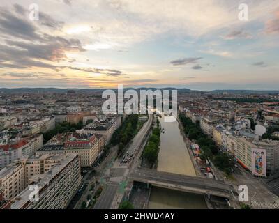 Vienna, Austria - Jul 18, 2021: View of the Danube Canal and Vienna Skyline in Vienna, Austria Stock Photo