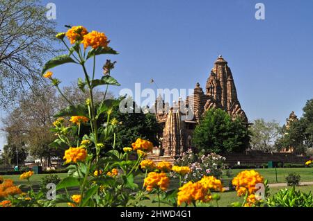 Lakshmana Temple, dedicated to Vishnu, from back side, Western Temples of Khajuraho, Madhya Pradesh, India - UNESCO world heritage site. Stock Photo