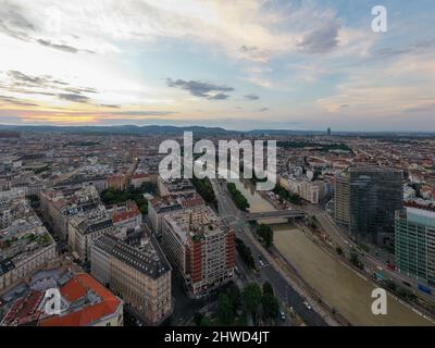 Vienna, Austria - Jul 18, 2021: View of the Danube Canal and Vienna Skyline in Vienna, Austria Stock Photo