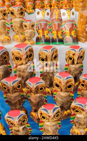 KOLKATA, WEST BENGAL , INDIA - NOVEMBER 23RD 2014 : Wooden owls, artworks of handicraft, on display during Handicraft Fair in Kolkata - the biggest ha Stock Photo