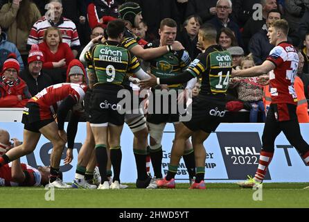 Gloucester, United Kingdom. 05th Mar, 2022. Premiership Rugby. Gloucester Rugby V Northampton Saints. Kingsholm Stadium. Gloucester. The Northampton Saints players celebrate their 2nd try during the Gloucester Rugby V Northampton Saints Gallagher Premiership rugby match. Credit: Sport In Pictures/Alamy Live News Stock Photo