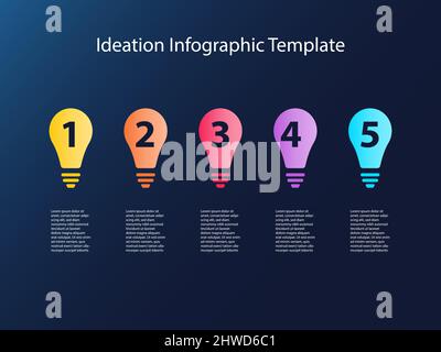 Ideation infographic with five light bulbs. Vector illustration for business presentation for idea finding concept. Stock Vector