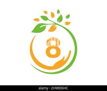 Charity Logo with Hand, Leaf and 8 Letter Concept. Hand Care Foundation, Charity Logo On Letter 8 Vector Stock Vector